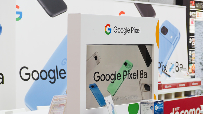 Google Pixel 8a smartphone promotion in a store
