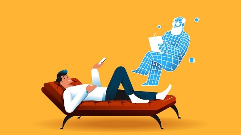 A man lays on a psychiatrist's couch, talking into his phone as a blue hologram of Sigmund Freud takes notes..