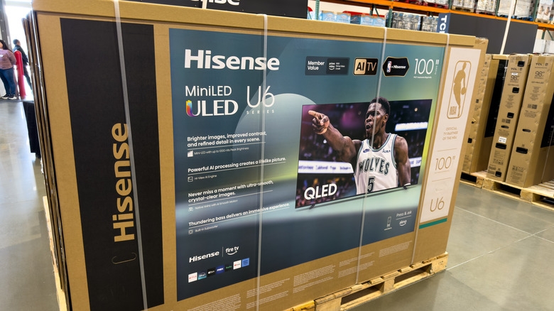 A Hisense Mini LED TV box at a retail outlet.