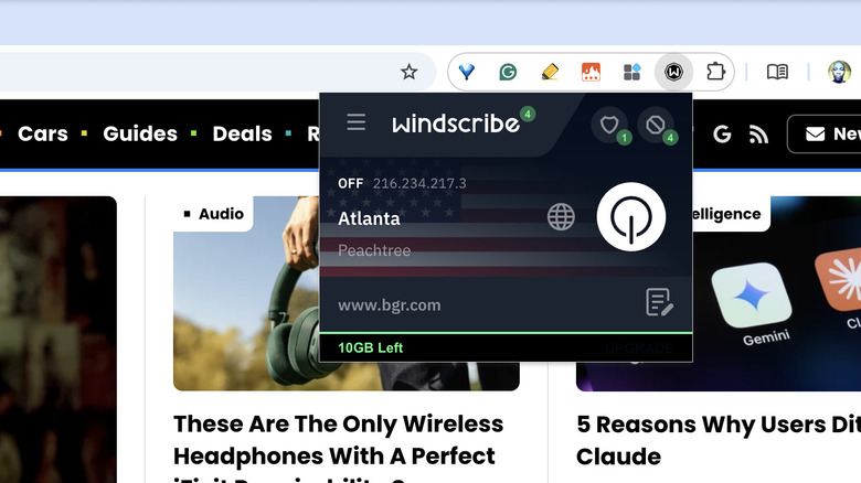 Windscribe VPN extension in Google Chrome