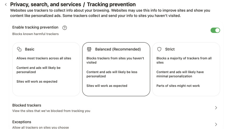 Tracking Prevention settings in Microsoft Edge
