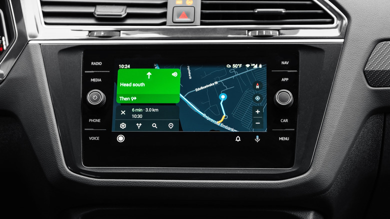 Close up of the Google Maps interface on a vehicle heads-up-display.