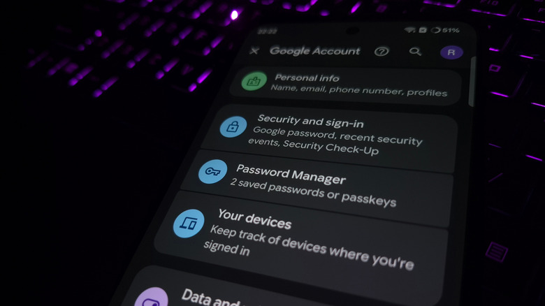 Close up of an Android phone showing Google Account security options.