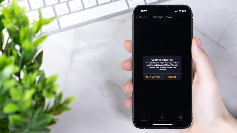 A hand holding an iPhone showing the software update page.