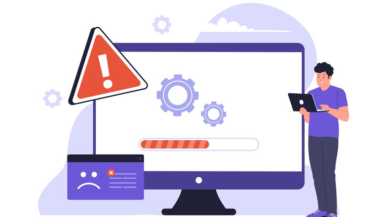 illustrated settings icon with an error message and a man holding up a laptop