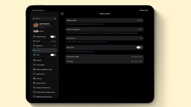 A screenshot highlighting the Battery settings of the iPad Pro M4