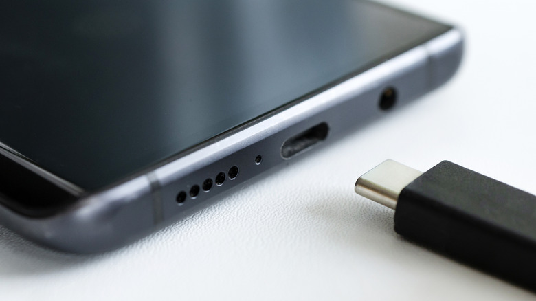 A close up shot of a phone's charging port and a USB-C connector