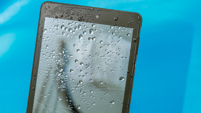 water e-reader showing a cracked screen