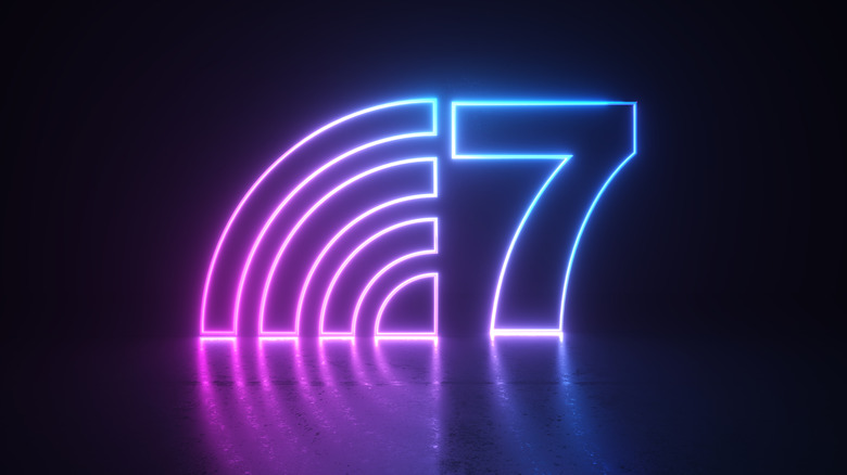 Neon Wi-Fi 7 symbol indicating the wireless connectivity standard.