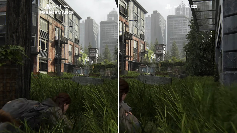 A side-by-side comparison of environment graphics in "The Last of Us Part II" on base PS5 and the PS5 Pro.