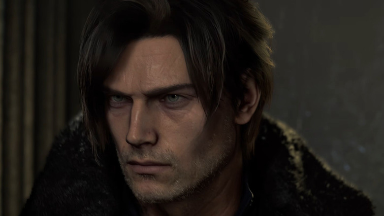 Leon Kennedy with a hard, intense expression as seen in Resident Evil Requiem.