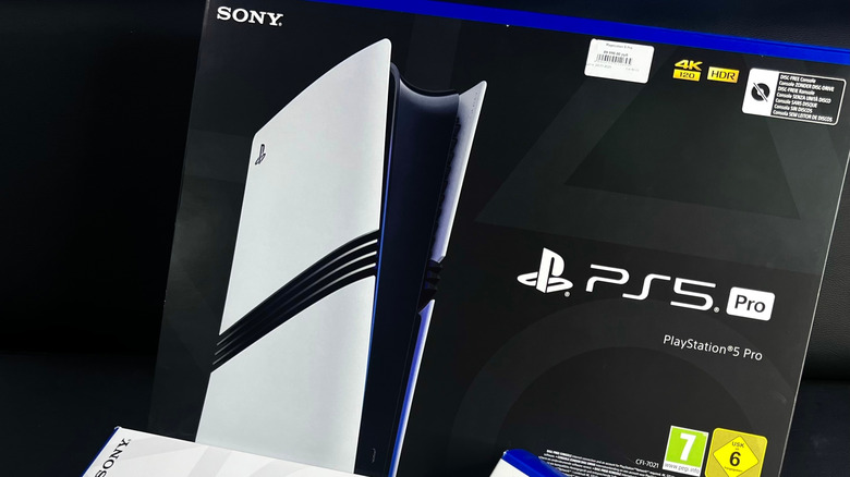 A PlayStation 5 Pro in its original packaging against a black background.