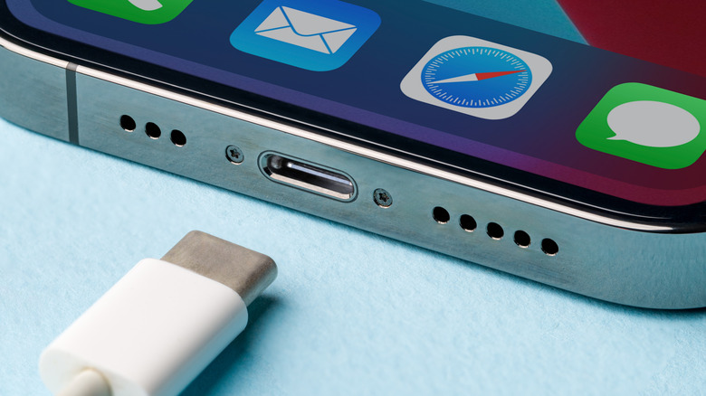 A close-up of a USB-C port on an iPhone model.