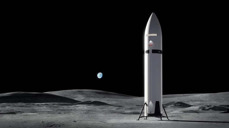 An  artist's concept shows SpaceX's Starship Human Landing System (HLS) on the moon, with Earth in the distannce.