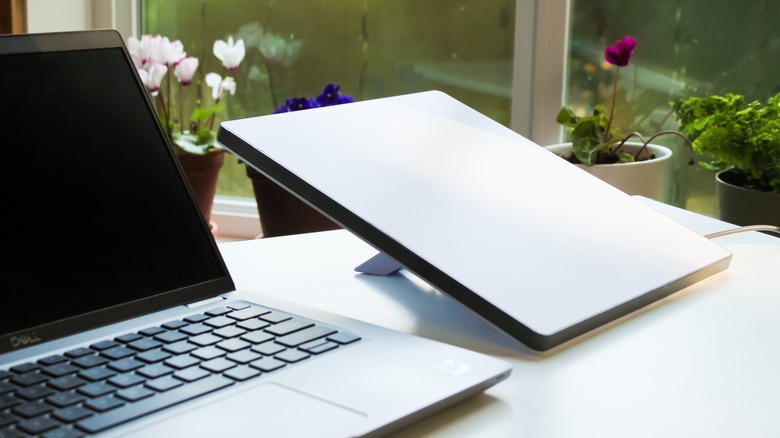 Starlink satellite internet dish placed to a laptop on a desk.