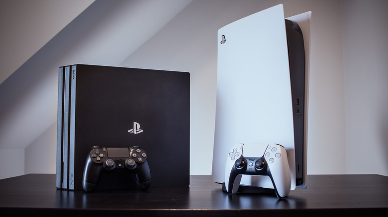 PlayStation 4 Pro and PlayStation 5 consoles with controllers.