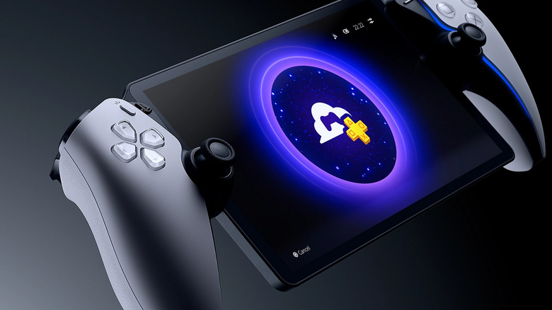 A close-up of a PlayStation Portal handheld with DualSense-style controls.