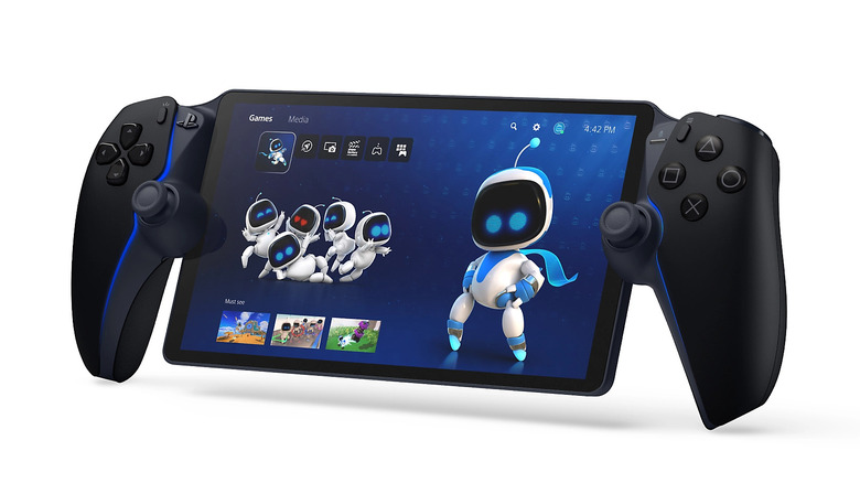 A PlayStation Portal handheld displaying the PS interface with Astro Bot.
