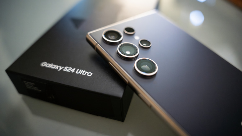 Samsung S24 Ultra smartphone on its box.