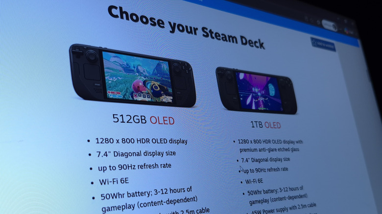 Choose your Steam Deck OLED page with listed specs on a web browser
