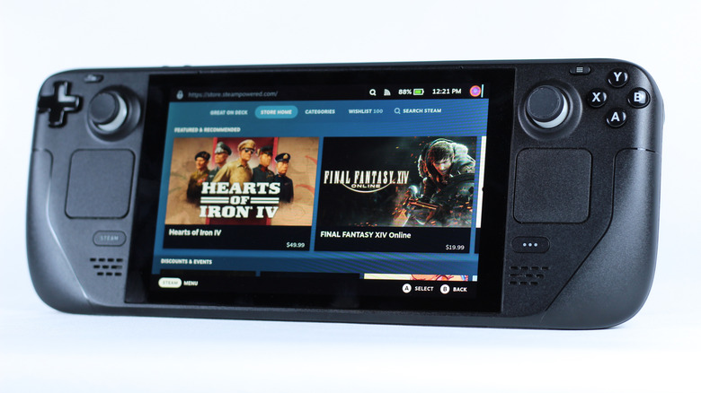 A Steam Deck on a white background displaying the Steam store homepage