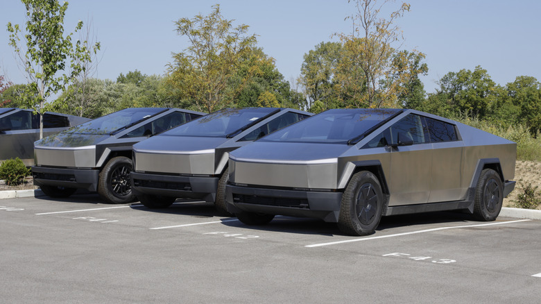 Tesla Cybertrucks parked together in a lot.
