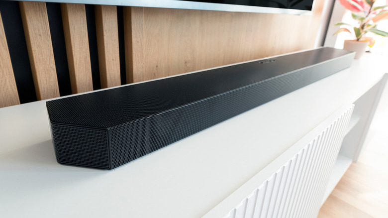 Close-up view of an audio soundbar.
