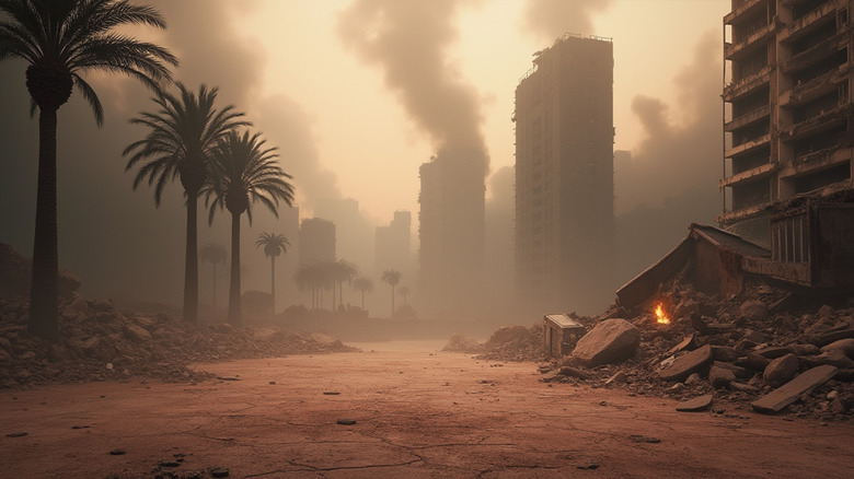 concept image of a mass extinction event destroyed city with rubble and smoky air