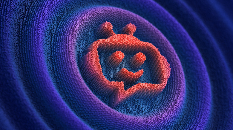A textures chatbot icon made up of 3D relief pixels on a rippled blue and purple background
