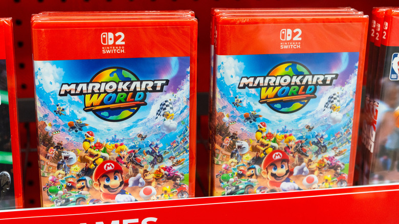 Mario Kart World retail box on a shelf being sold in a store