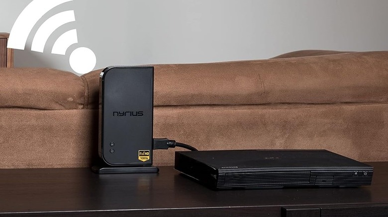Nyrius Aries Home+ wireless HDMI transmitter sending signal from media player.
