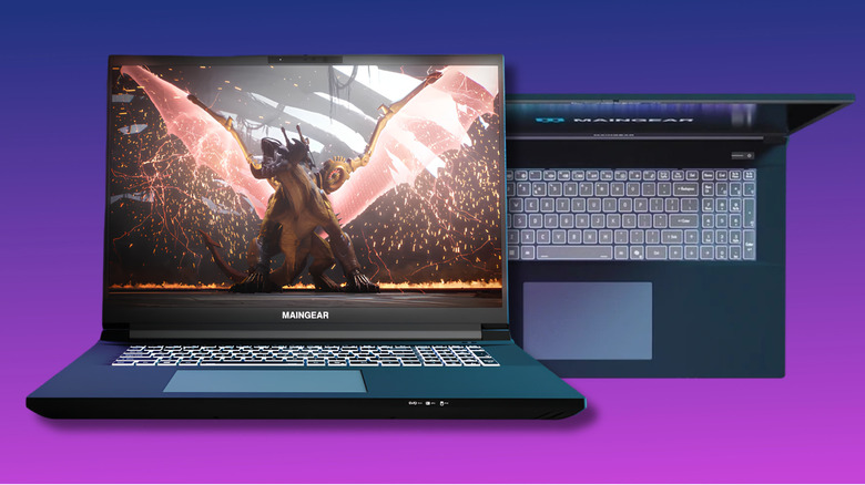 MainGear Ultima 18 screen front profile and top keyboard layout profiles on a purple gradient background