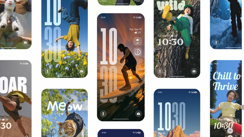 A mosaic of lock screen designs created with Oppo's ColorOS 16 Android skin
