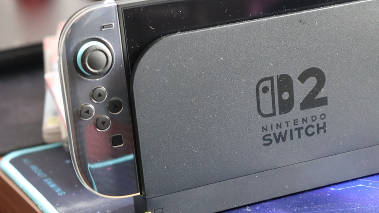 Close-up of a Nintendo Switch 2 console docked in its charging station