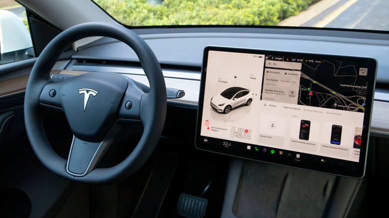 Istanbul, Turkey - January 08 2025 : Tesla Model Y is a battery electric compact crossover SUV produced by Tesla, Inc. It has unique interior design.