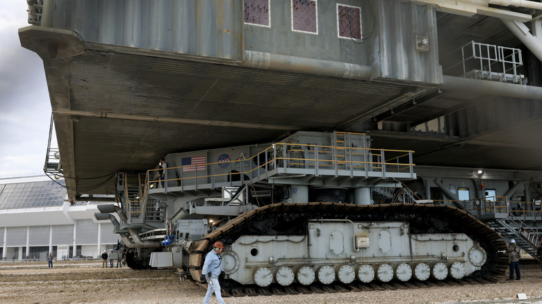 close-up of crawler 2 as it transports NASA's Artemis II down the crawlerway