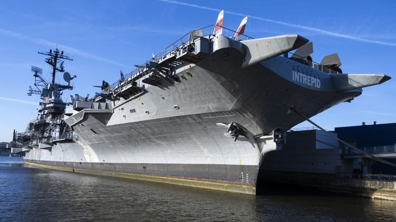close-up of aircraft carrier at dock
