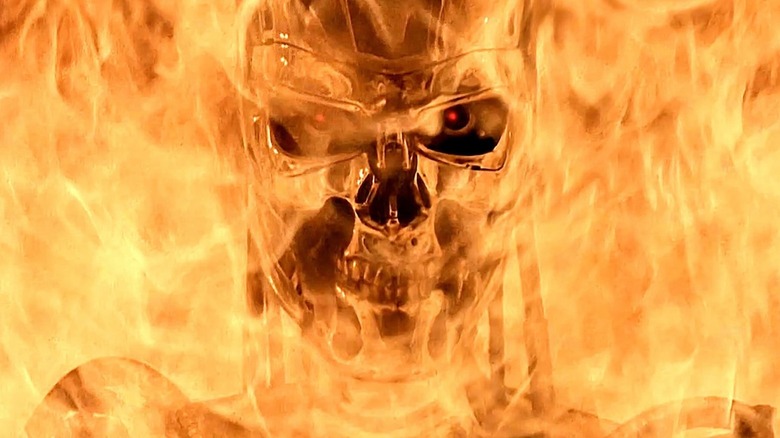 A Terminator's face surrounded by fire in "Terminator 2: Judgment Day."