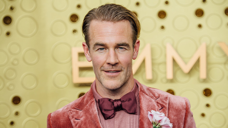 James Van Der Beek in a pink suit standing in front of a backdrop for the Emmy's