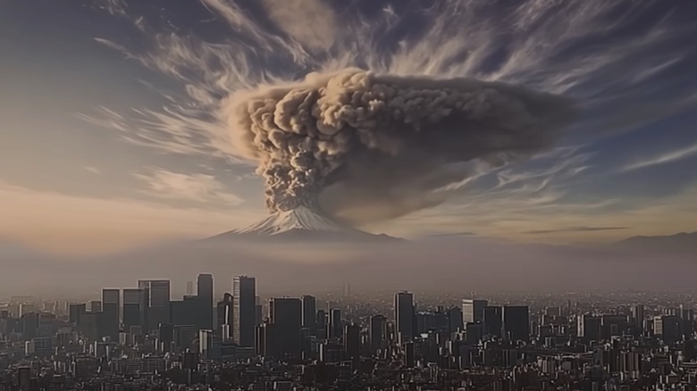 A screenshot from an AI video showing a Mount Fuji eruption.
