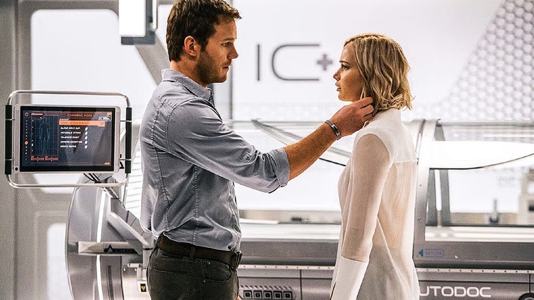 A screenshot of Chris Pratt and Jennifer Lawrence in 'Passengers'