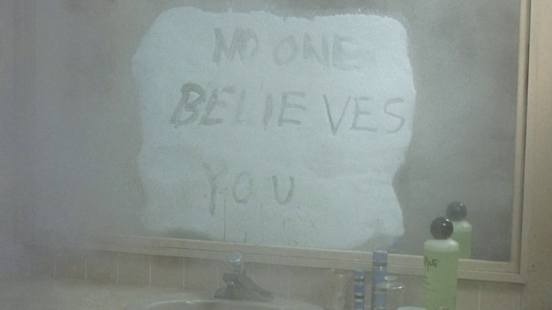 A message on the bathroom mirror, left by the stalker