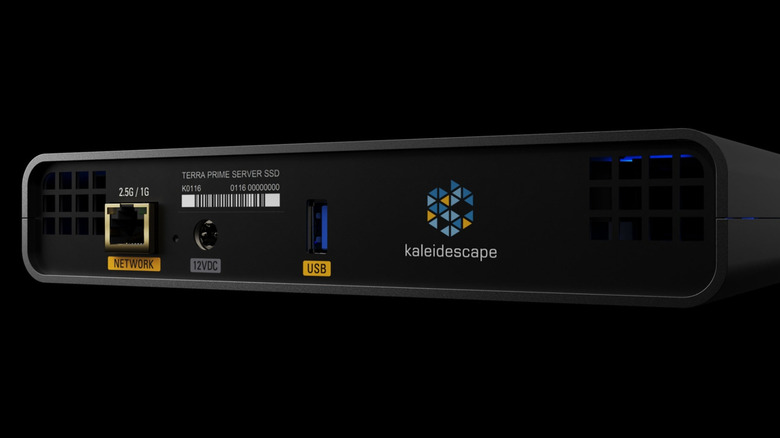 Back of Kaleidescape Compact Terra Prime SSD server showing USB and 2.5/1G Ethernet port and 12V DC port