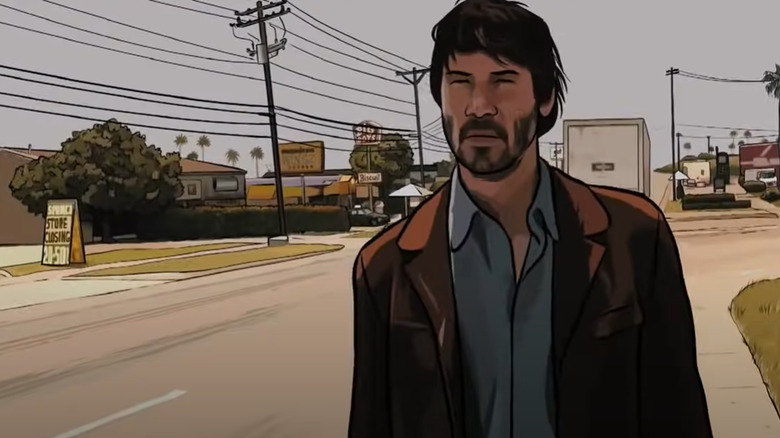 Bob Arctor walking on the streets and squinting