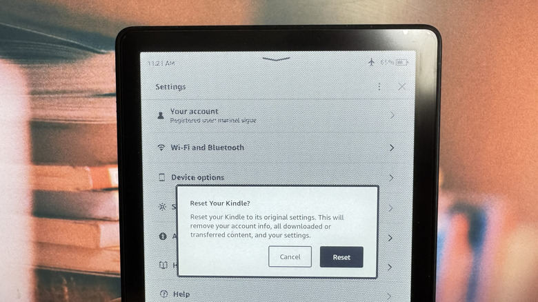 Kindle showing Reset option