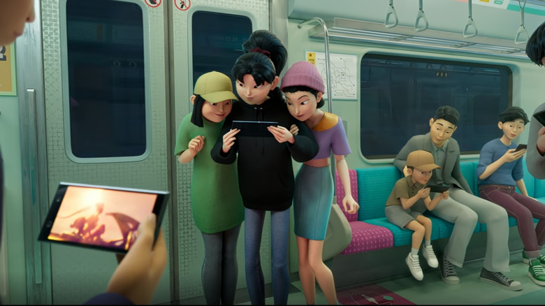 animated characters from KPop Demon Hunters watching their phones.