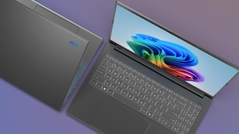 Acer Aspire 16 AI on warm purple background showing lid opened and closing