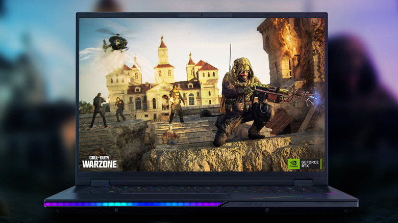 Acer Predator Helios 18 AI running Call of Duty: Warzone on a blurred out gameplay background