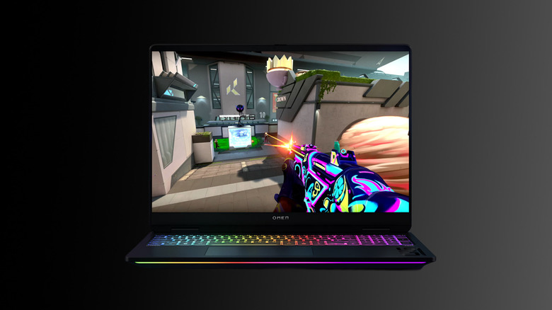 HP Omen Max 16 (2026) open and front-facing displaying a first person shooter game