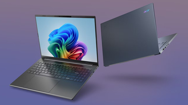 Two Acer Aspire 16 AI laptops facing away from each other on a purple background.